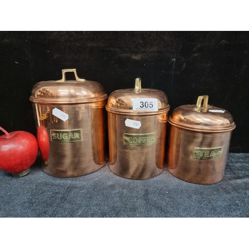 305 - A set of three polished copper kitchen storage jars reading Coffee, Sugar and Tea. These are very ni... 