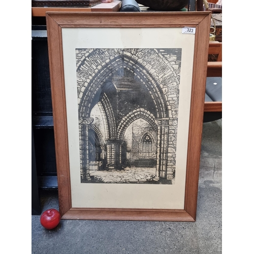 323 - A very large original woodblock print showing an architectural study of a Gothic monastery cloister ... 