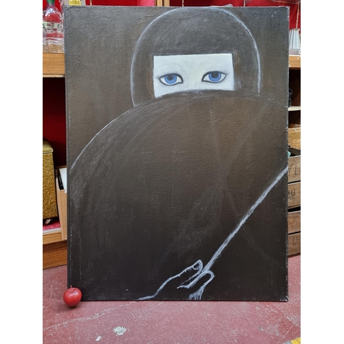 328 - A striking very large original acrylic on canvas painting of a woman peering with piercing blue eyes... 