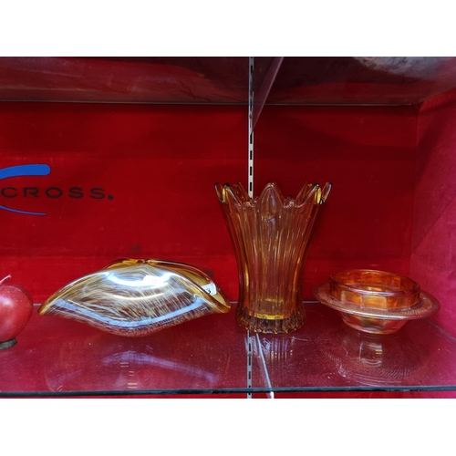 353 - Three vintage amber-glass items including a lustre-ware example and an Art glass piece.