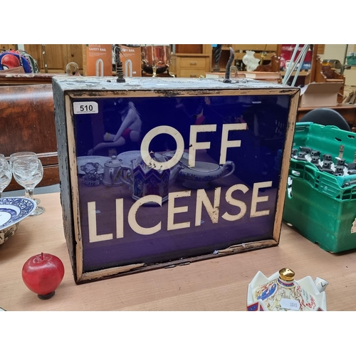 510 - Star lot : An original, 1950s advertising light box sign reading 'Off License', with wonderful cobal... 