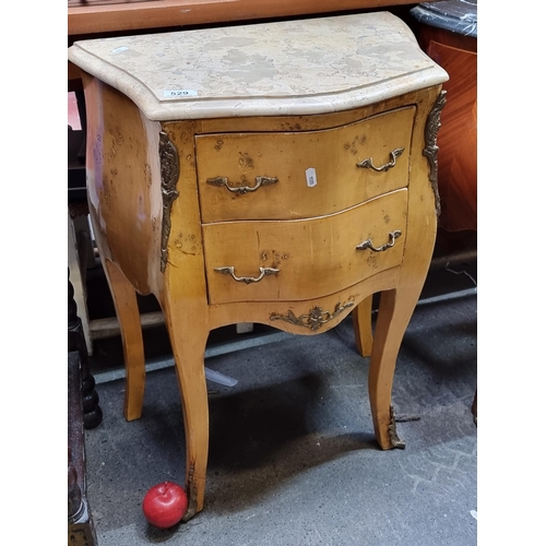 529 - Star lot : An elegant, French bedside locker or side table. With genuine marble top, ormolu detail a... 