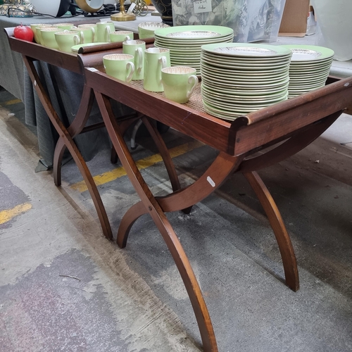 538 - A pair of handsome butler's tray tables, with removable rattan tray and folding X frame base. Might ... 