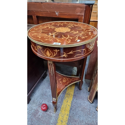 551 - Star Lot : A beautiful, two tiered, French style wine  table. Complete with profuse satin wood marqu... 