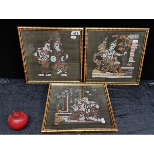 79 - A set of 3 vintage attractive Thai silk print painting featuring Hindu figures such as Radha and gop... 