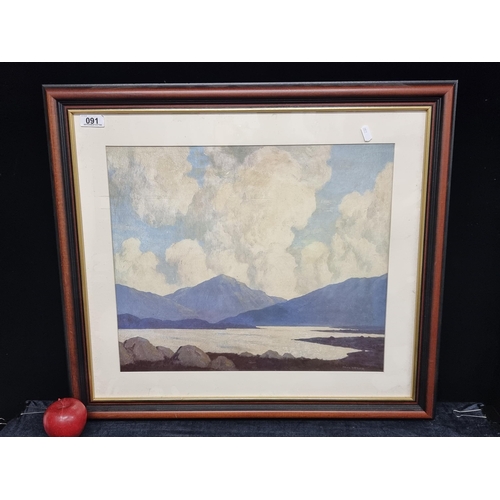 91 - A large  vintage print after a work by Paul Henry, housed in a wooden frame. Showing a lakescape and... 