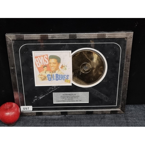 A framed tribute to Elvis Presley, including a gold plated CD and a print of the album art for G.I. Blues.