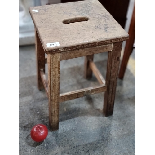 614 - A fabulous antique oak laboratory stool with hand hole as part of seat, and lovely grain to the wood... 