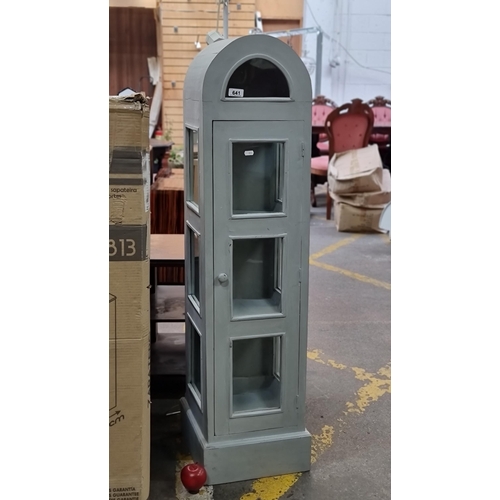 641 - An unusual, vintage display cabinet. Featuring two interior shelves and a domed top. In a soft grey ... 