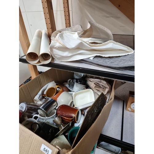 645 - A mixed lot of homeware including nice baking dishes, mugs, plates and a vintage poster from the Kil... 