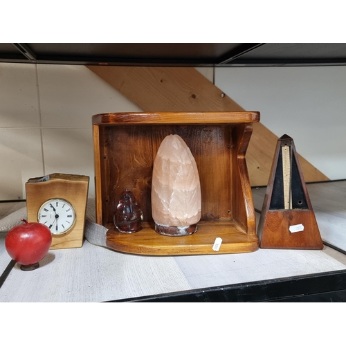 646 - Five items including a nice solid wood desk clock, a vintage metronome, a wooden corner shelf, a sal... 