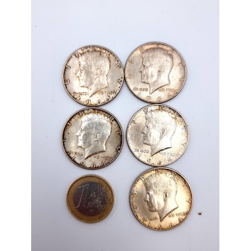 659 - A collection of five 1964 Kennedy half dollars. Total weight: 62.8 grams. All 90% Silver Over 2 ounc... 