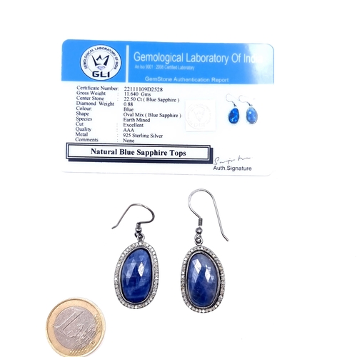 678 - A beautiful pair of natural Blue Sapphire and Diamond drop earrings, of 22.5 carats and set with a D... 