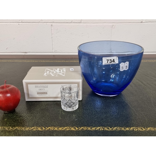 734 - Two items including a set of 6 Brandani Liberty Whiskey glasses along with a hand blown blue glass b... 