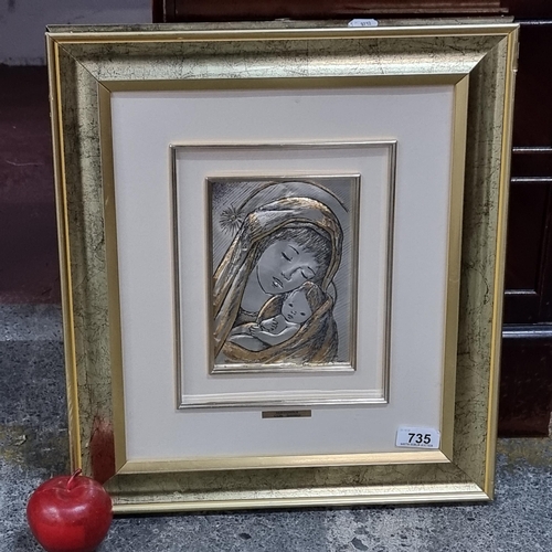 735 - A framed hammered sterling silver Madonna and Child with mark to base and housed in a gilt frame. Ma... 