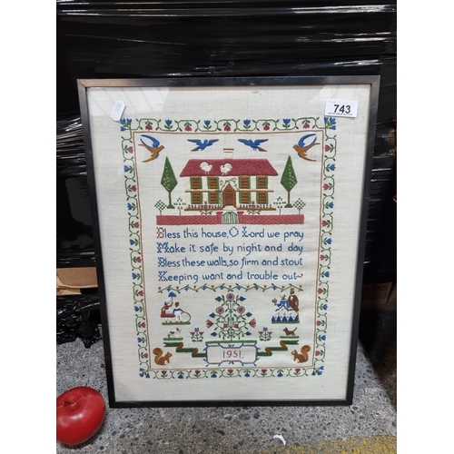 743 - A framed vintage hand embroidered sampler including a prayer of blessing dating to 1951.