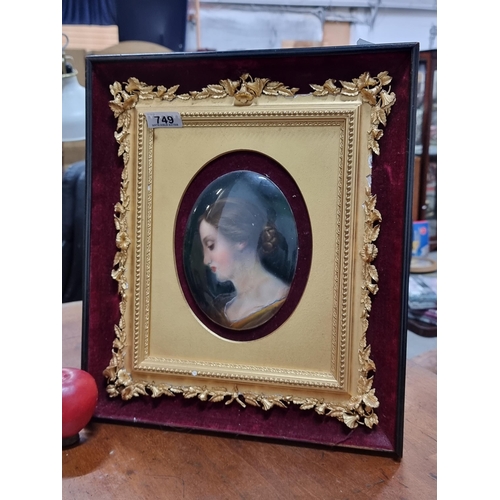 749 - Star lot : A gorgeous antique  hand painted portrait of a young woman on ceramic housed in a double ... 