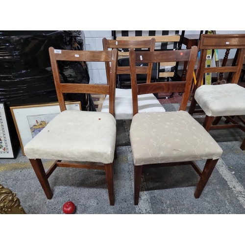 757 - Three vintage chairs with ladder back, tapered legs, string inlay and upholstered in complimentary f... 