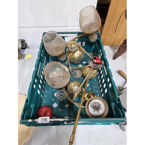 778 - A crate of mid century light pieces may go together or spares including glass shades.