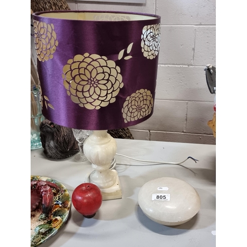 805 - Two items including a heavy onyx lamp base with decorative shade, and a soapstone box ring box. Both... 