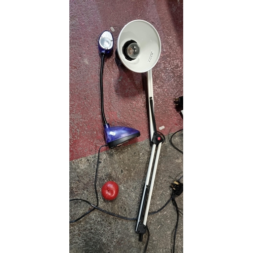 825 - Two useful work lights. including an adjustable desk lamp in purple. With an adjustable wall sconce ... 