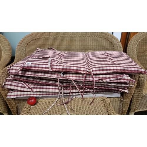 863 - 6 lounge chair cushions in a red and white tartan fabric with ties to side to attach to the chair. I... 