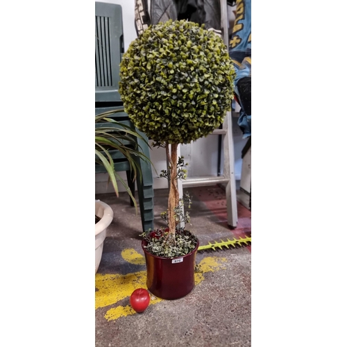 870 - An elegant artificial topiary Buxus tree. Perfect for display beside a doorway. Contained in a brown... 