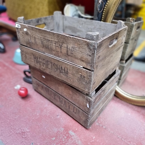 896 - Two vintage wooden crates. Advertising the wares of J.A Worley Ltd, Harrietsham, and Stanley May Ltd... 