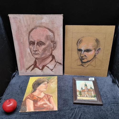 902 - A collection of four original artworks including a nicely framed oil on board by Polish artist Gabri... 