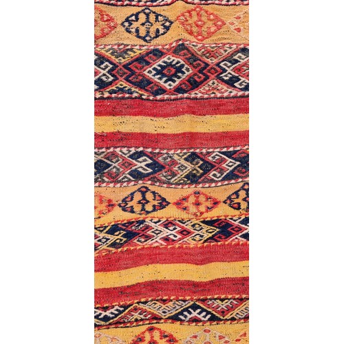 706 - Star lot : A hand knotted wool and horse hair hall runner with geometric pattern in red, blue and or... 