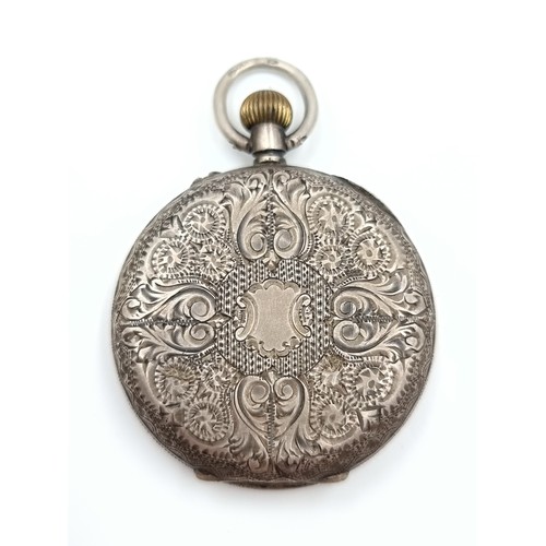 485 - An antique 0.935 silver pocketwatch with enameled Roman Numeral face with handpainted gilt detail. A... 