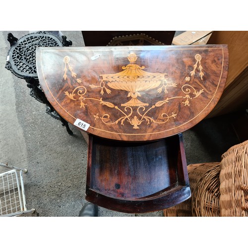 615 - A fantastic, two-tier demi lune table with pull-out drawer, Greek revival inlay and garland motif in... 