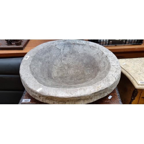 526 - Star lot : A very large antique and very heavy, hand-hewn wooden bowl. A great, rustic example in a ... 