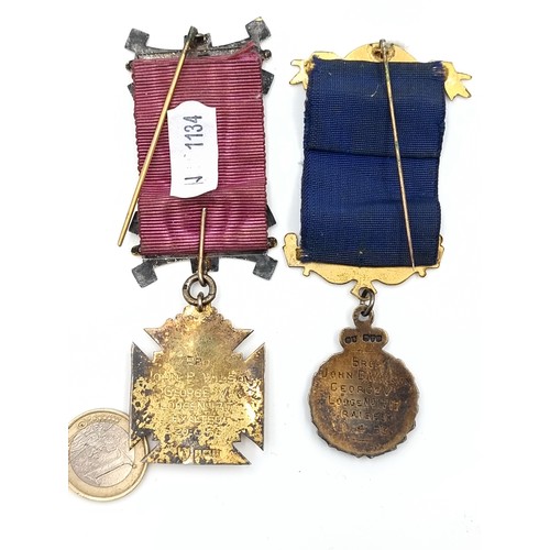 47 - Two ancient order of Buffalo jewels, set in sterling silver gilt with original ribbon and bar. Pins ... 