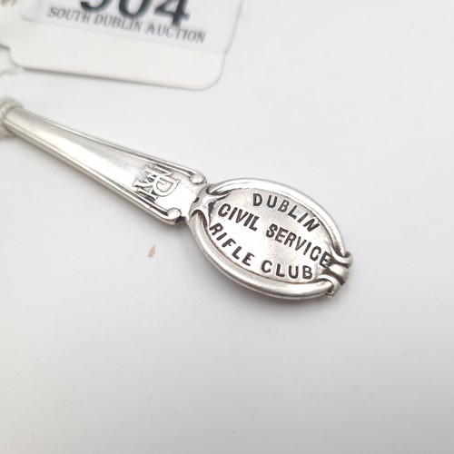 904 - A lovely Sterling Silver, heavy tea spoon with a gentleman with rifle and lady with bow on the top a... 