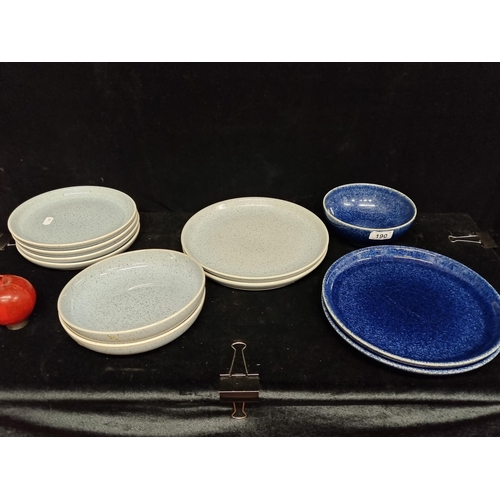 190 - Eleven pieces of large Denby pottery in a mottled blue glaze including dinner plates, side plates an... 