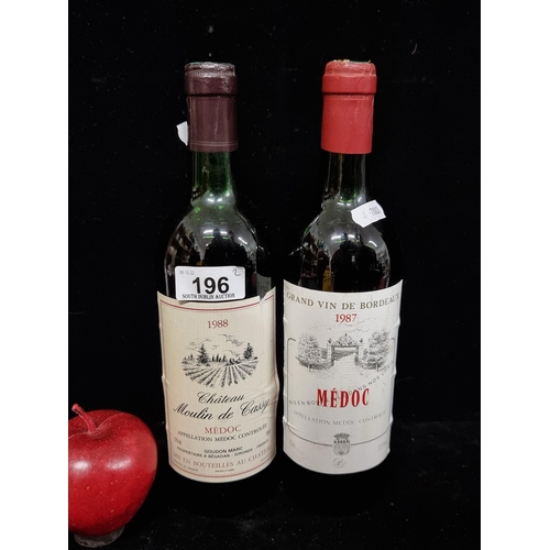 196 - Two vintage bottles of sealed red wine. including a 1987 Grand Vin de Bordeaux Médoc and a 1988 Chat... 