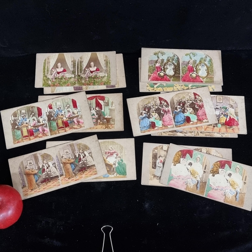 278 - 12 fantastic antique stereoscope slides with hand coloured editions featuring scenes titled 