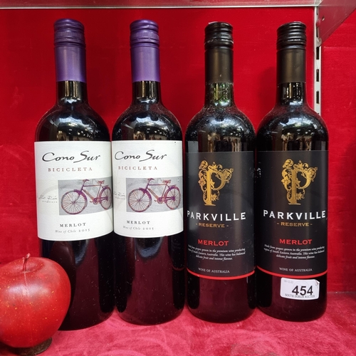 454 - Four sealed 75cl bottles of red wine, comprising of two bottles of 2018 Parkville Reserve Merlot and... 