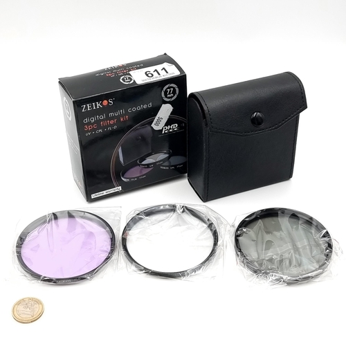 611 - A Zeikos branded digital, multi-coated 3-piece filter kit. A useful photography set consisting of UV... 