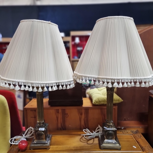 677 - Star lot : A pair of vintage heavy tall table brass lamps with Corinthian columnar brass stem and pl... 