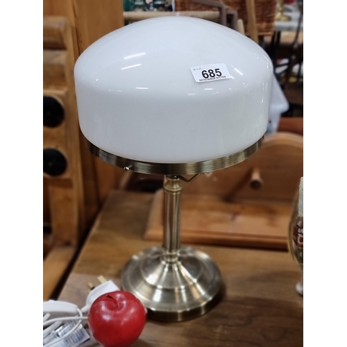 685 - A very smart mushroom table lamp with heavy brass base and milk glass globular shade.