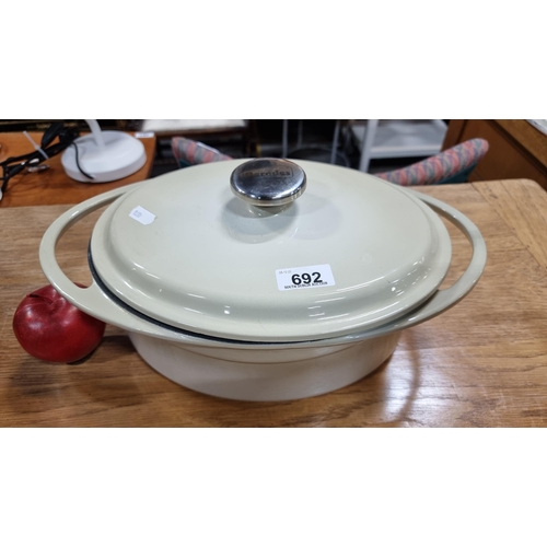 692 - A Berndes cast iron enameled casserole dish with lid in super condition.