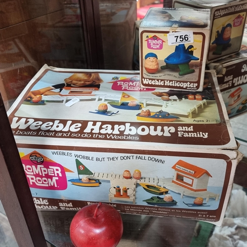 756 - Two Weeble toy sets including the Weeble Helicopter and the Weeble Harbour and family, made by Airfi... 