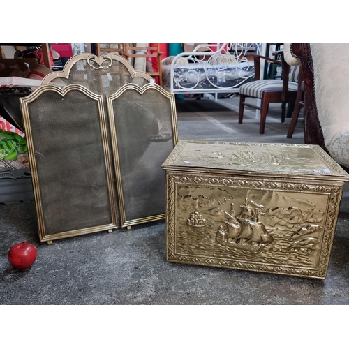 770 - Two polished brass, vintage items. Consisting of a hammered coal box with naval scene. Also, a fireg... 