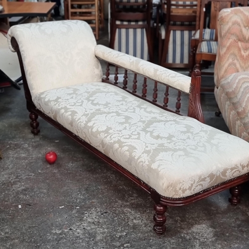 789 - Star lot : A beautifully Edwardian opulent chaise lounge, with turned rails, delicate carving and up... 