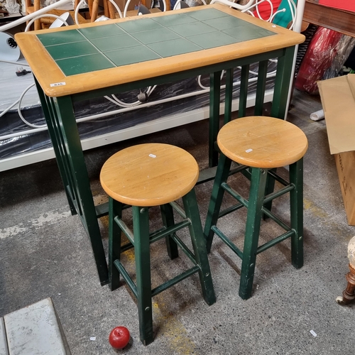 835 - A charming kitchen dining table (bar height). Finished with a green, ceramic tile work surface. Acco... 