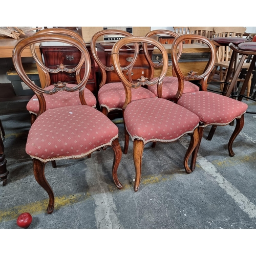 839 - Star lot : A set of six beautiful, Victorian balloon-back dining chairs. Crafted from a golden mahog... 