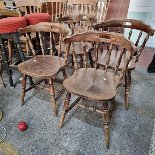 850 - Four charming antique wooden open back bar chairs with turned wood bobins and hand holds. .