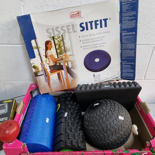 857 - Five items including two massage rollers and massage ball and a sissel sitfit cushion for correcting... 